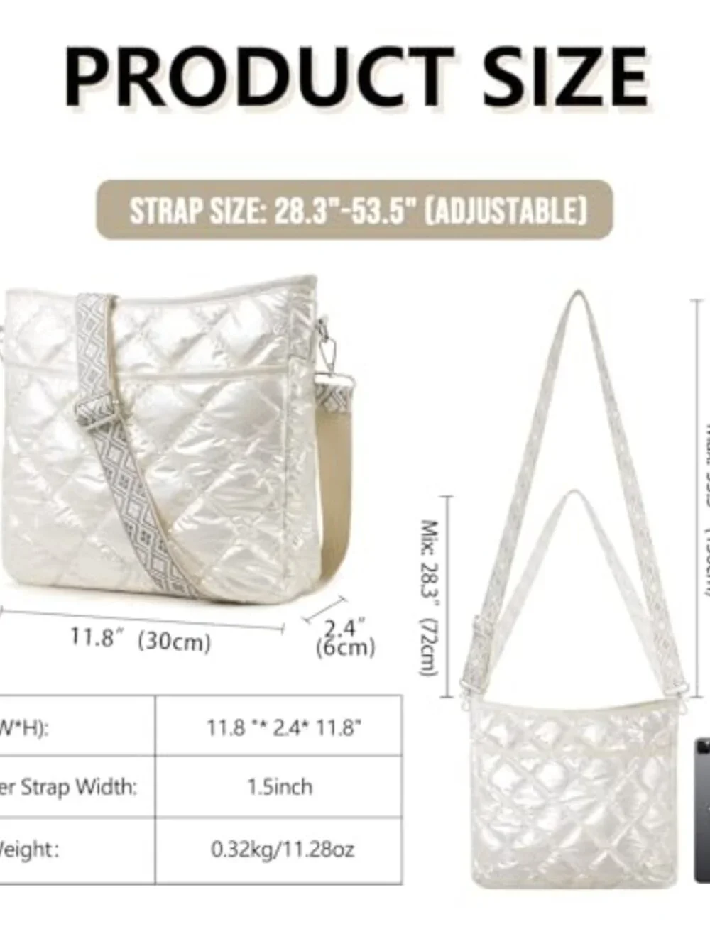 Quilted Crossbody Bag with Patterned Strap, Lightweight & Foldable